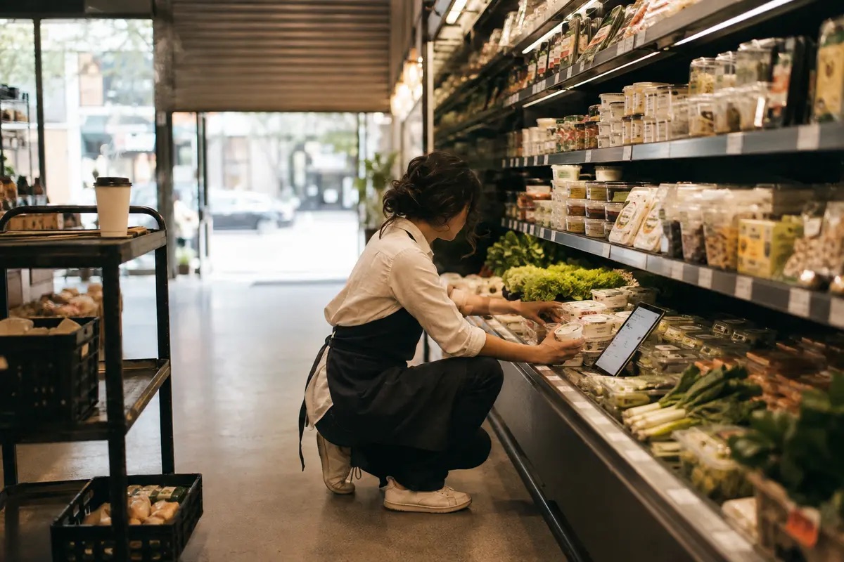 A store manager crouched at a produce shelf before opening, checking date labels against a tablet
