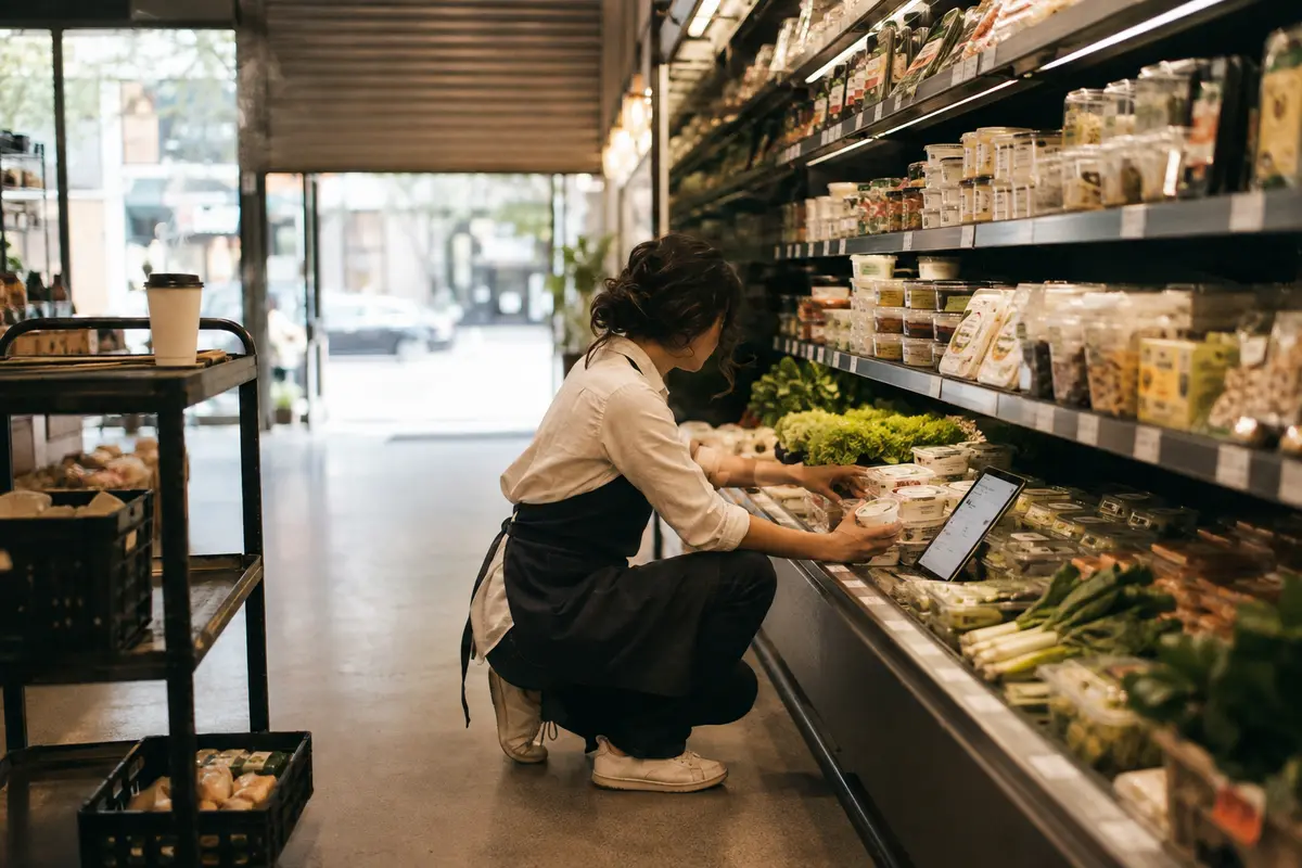 A store manager crouched at a produce shelf before opening, checking date labels against a tablet