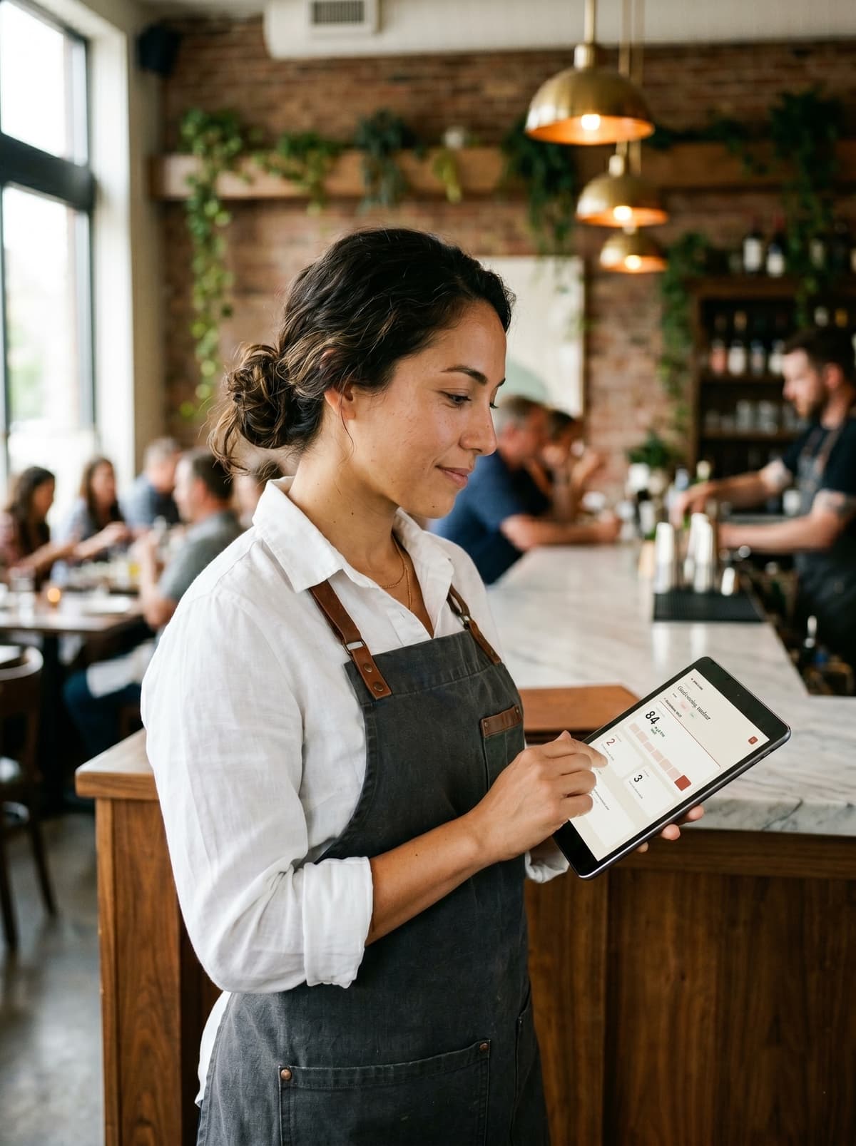 Restaurant floor manager checking the PeakScale Ops dashboard on a tablet