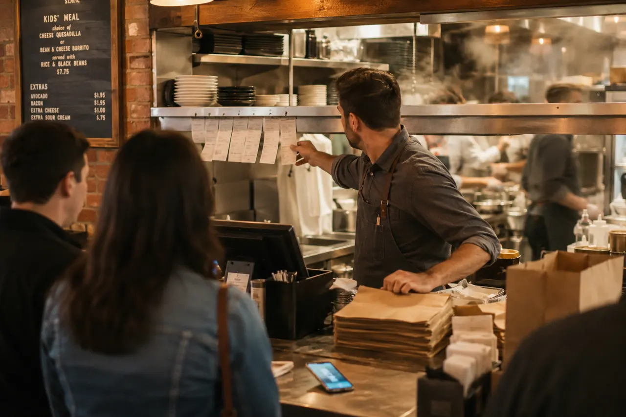 A lone manager behind a busy counter during the lunch rush, reaching for an order ticket while customers wait